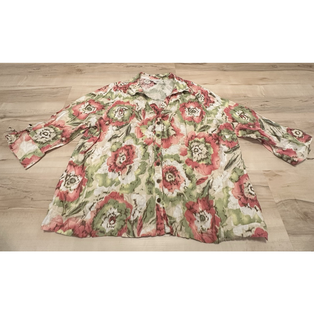 JM Collection Women 24W Blouse Floral Linen Button Up Shirt 3/4 Sleeve Collar